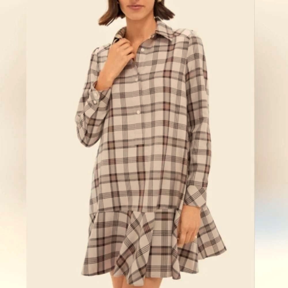 Tuckernuck Women's brown plaid Callahan shirtdress mini dress ruffle fall XL